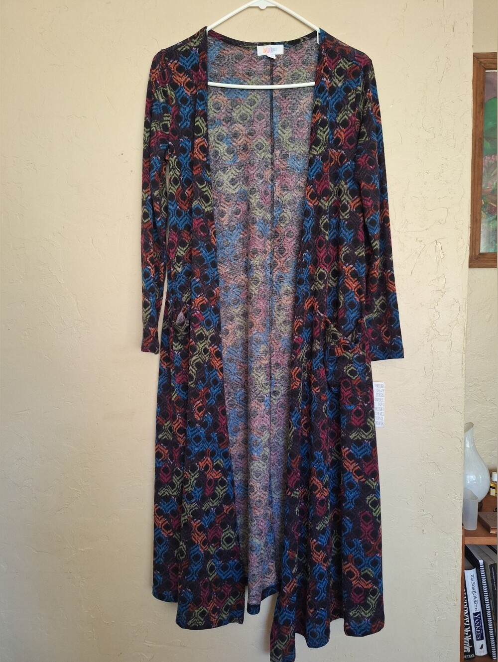 LuLaRoe Sarah Duster Cardigan Small S Multicolor Geometric Neon Diamond Knit